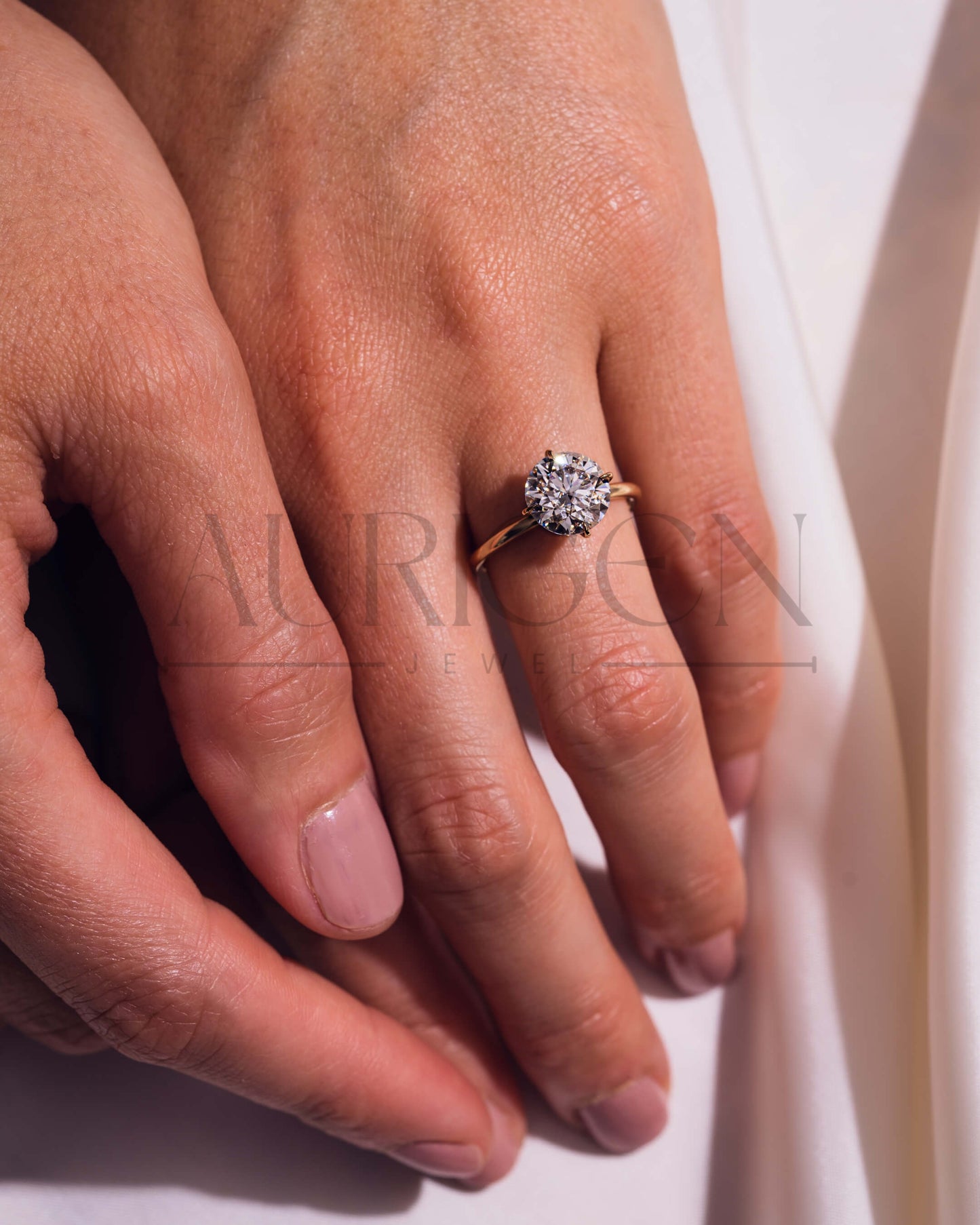 North-South-East-West Prong Round Moissanite and Leb Grown Diamond 14K Solid Gold Ring