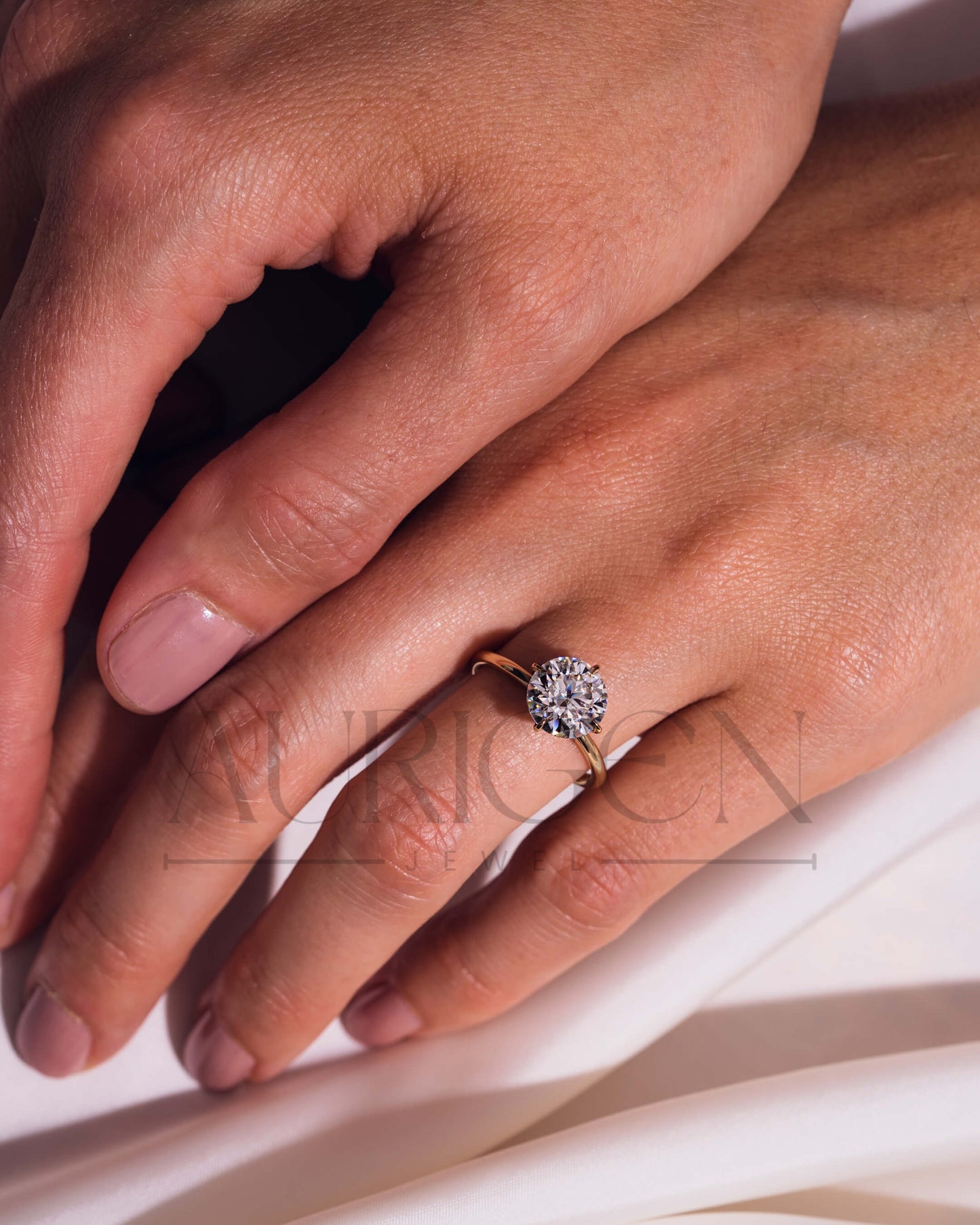 North-South-East-West Prong Round Moissanite and Leb Grown Diamond 14K Solid Gold Ring