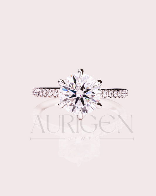 Round 6-Prong Moissanite & Leb Grown Engagement Ring with Pave Band in 14k White Gold