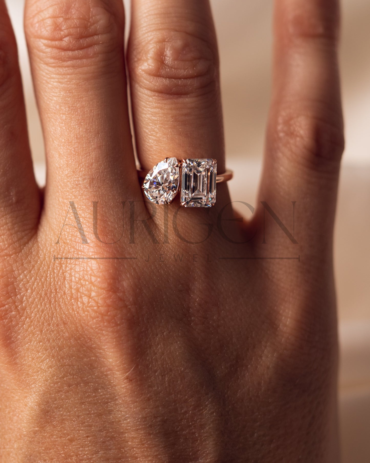 Unique Toi et Moi Engagement Ring with Pear & Emerald Moissanite and Leb 18K Rose Gold Ring