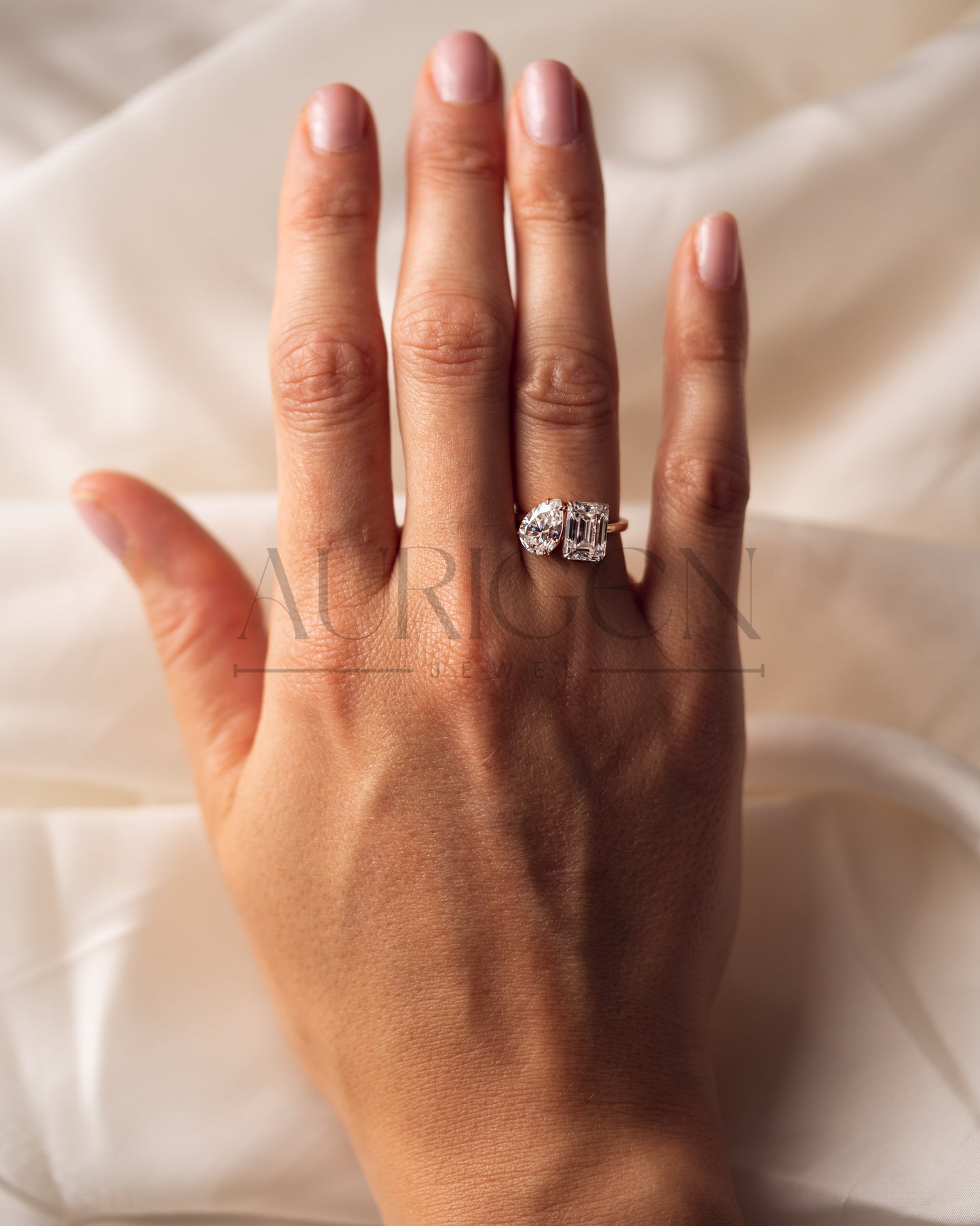Unique Toi et Moi Engagement Ring with Pear & Emerald Moissanite and Leb 18K Rose Gold Ring