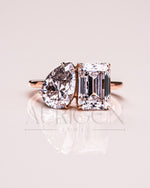 Unique Toi et Moi Engagement Ring with Pear & Emerald Moissanite and Leb 18K Rose Gold Ring