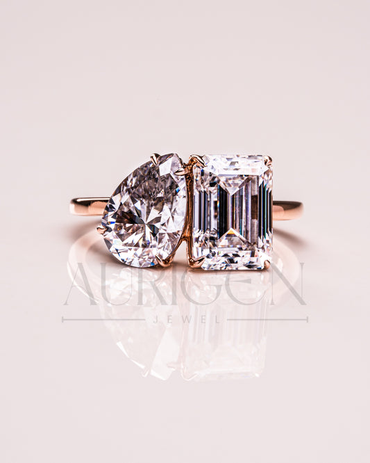 Unique Toi et Moi Engagement Ring with Pear & Emerald Moissanite and Leb 18K Rose Gold Ring