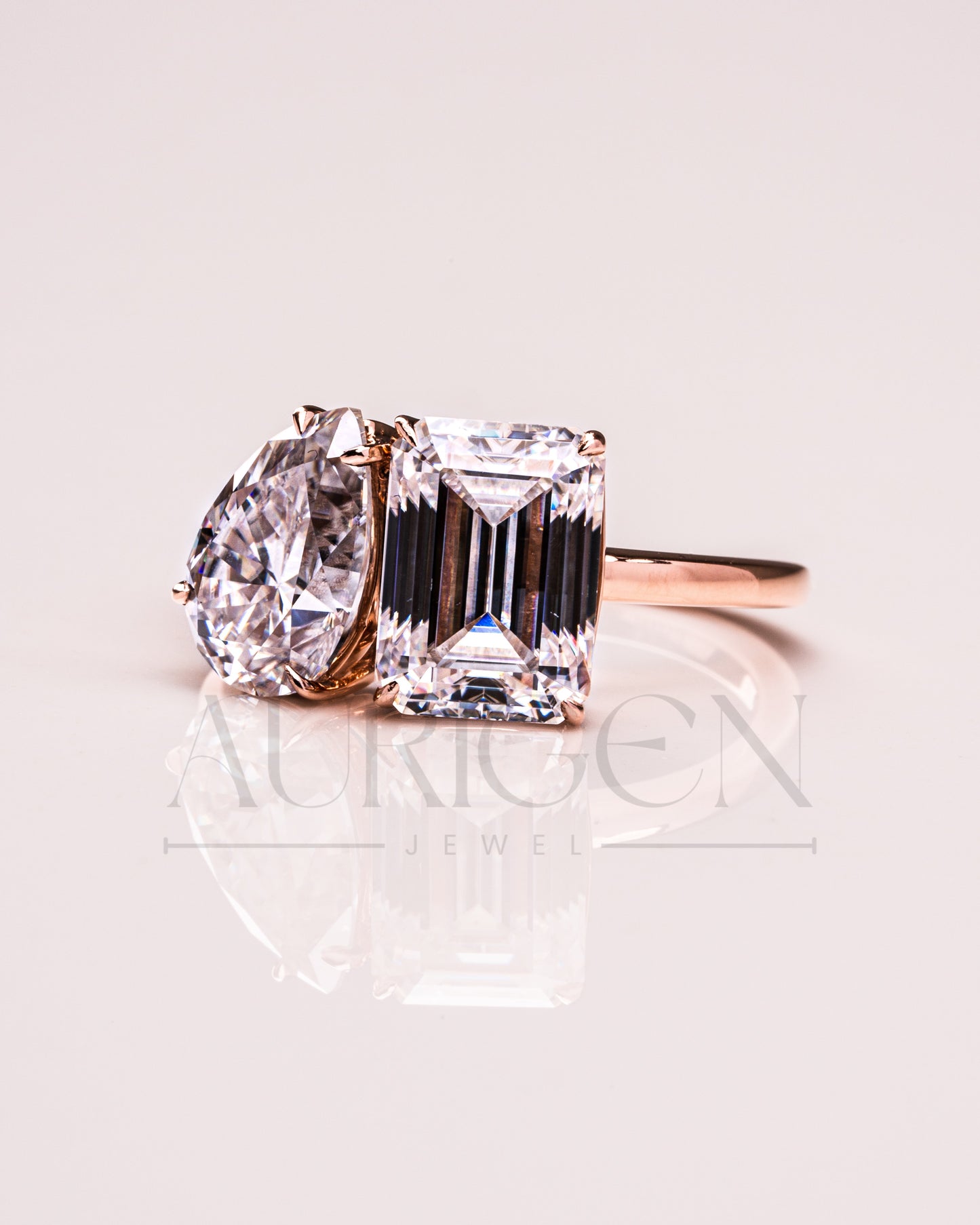 Unique Toi et Moi Engagement Ring with Pear & Emerald Moissanite and Leb 18K Rose Gold Ring