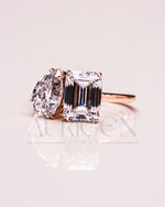 Unique Toi et Moi Engagement Ring with Pear & Emerald Moissanite and Leb 18K Rose Gold Ring