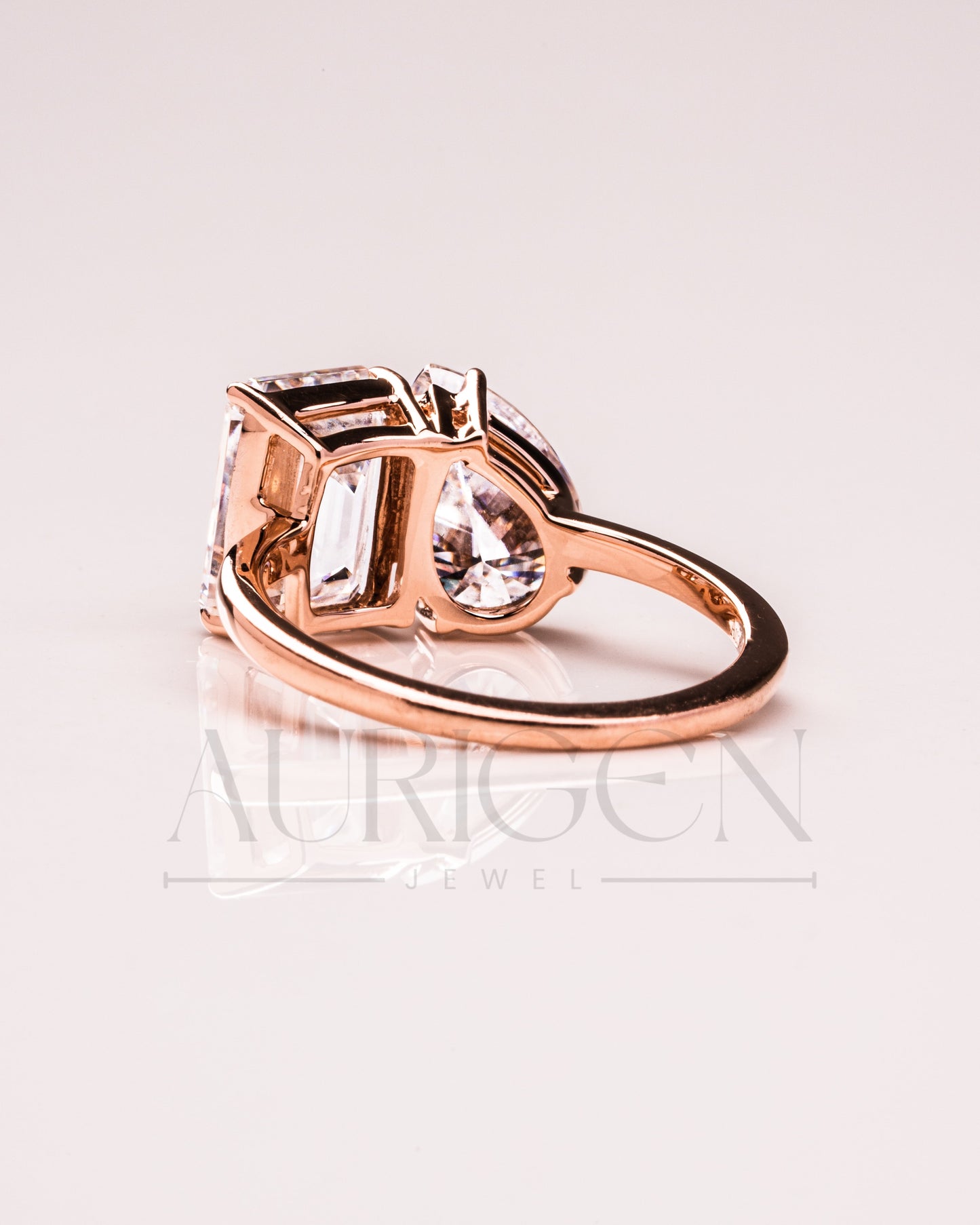 Unique Toi et Moi Engagement Ring with Pear & Emerald Moissanite and Leb 18K Rose Gold Ring