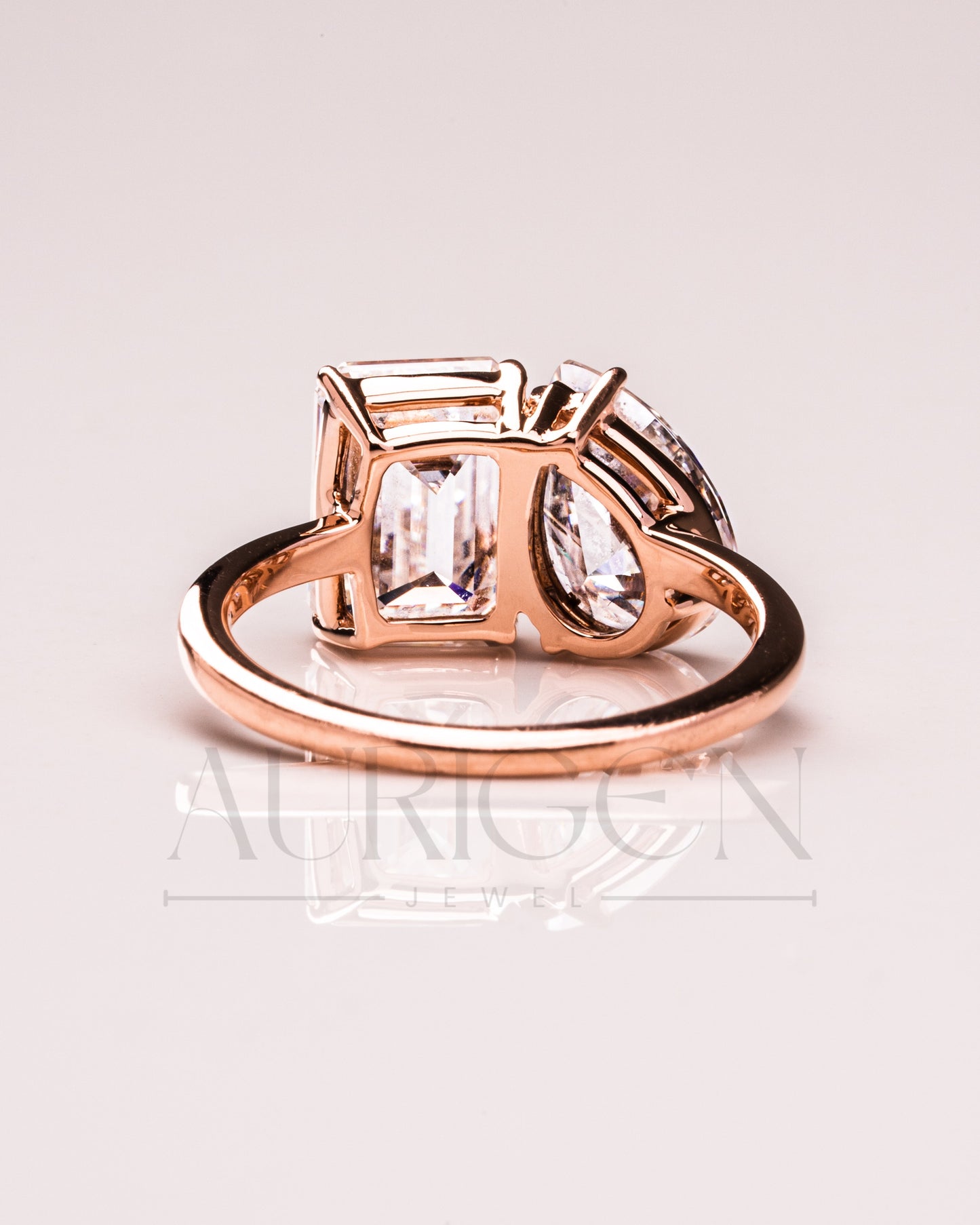 Unique Toi et Moi Engagement Ring with Pear & Emerald Moissanite and Leb 18K Rose Gold Ring