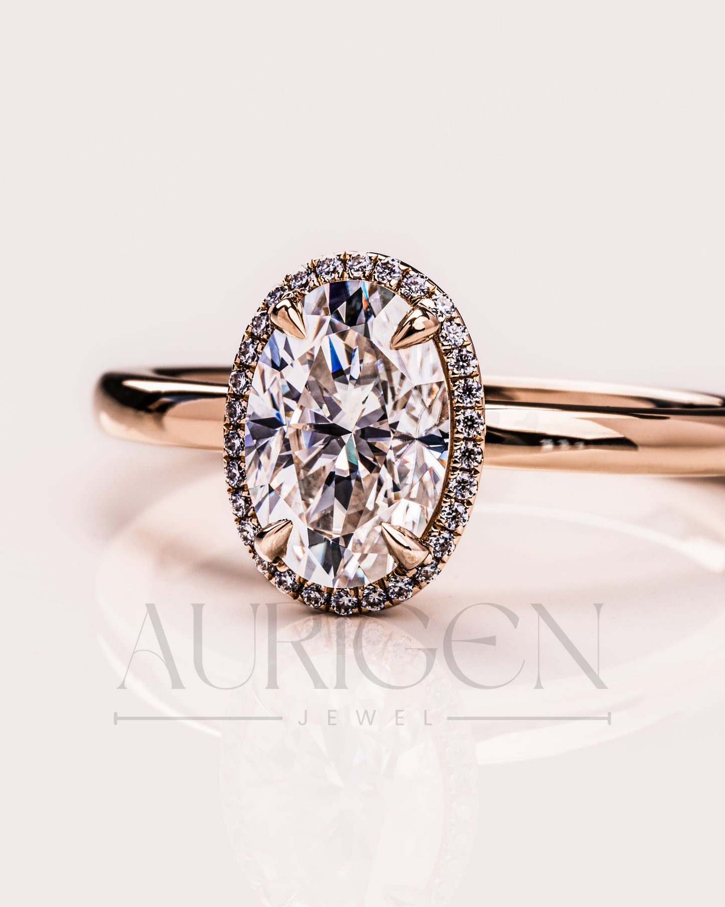 Sparkling Oval Cut Moissanite and Lab Grown Diamond Halo Ring - 14K Solid Gold