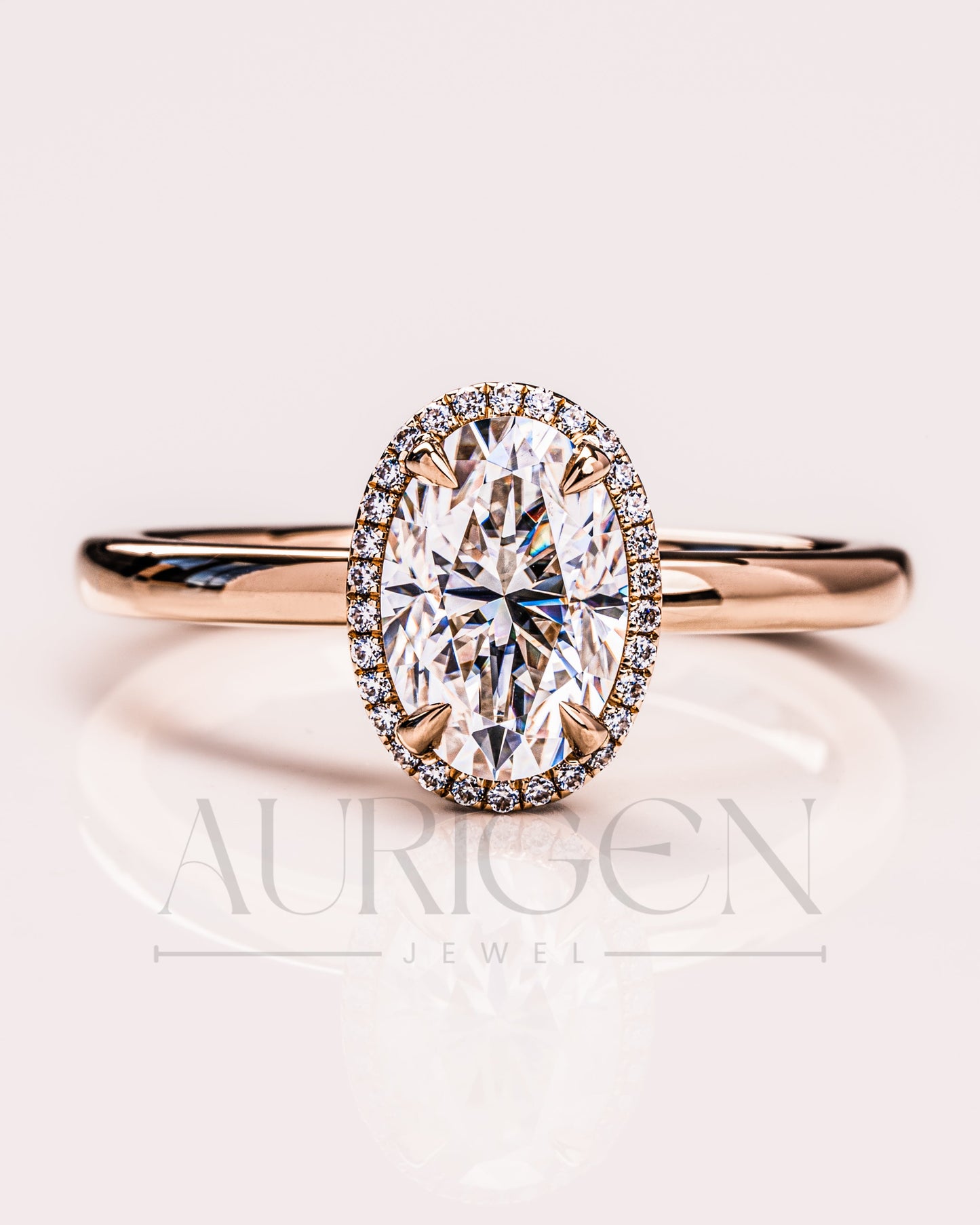 Sparkling Oval Cut Moissanite and Lab Grown Diamond Halo Ring - 14K Solid Gold