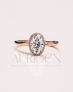 Sparkling Oval Cut Moissanite and Lab Grown Diamond Halo Ring - 14K Solid Gold