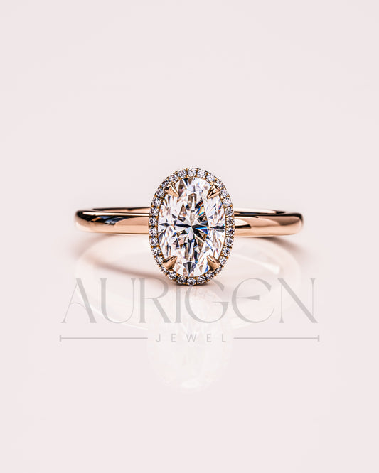 Sparkling Oval Cut Moissanite and Lab Grown Diamond Halo Ring - 14K Solid Gold