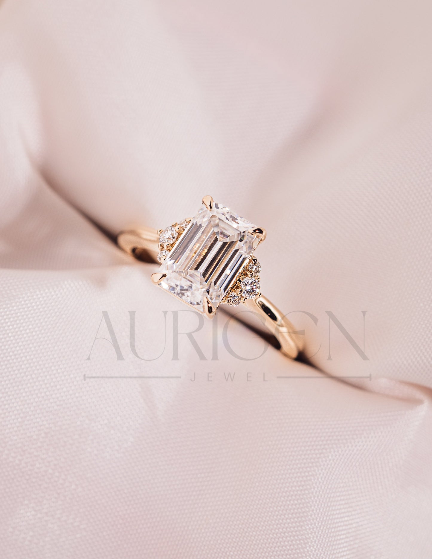 2.5 Ct Emerald Cut Moissanite Engagement Ring in 14K Solid Gold Cluster Diamond Wedding Ring