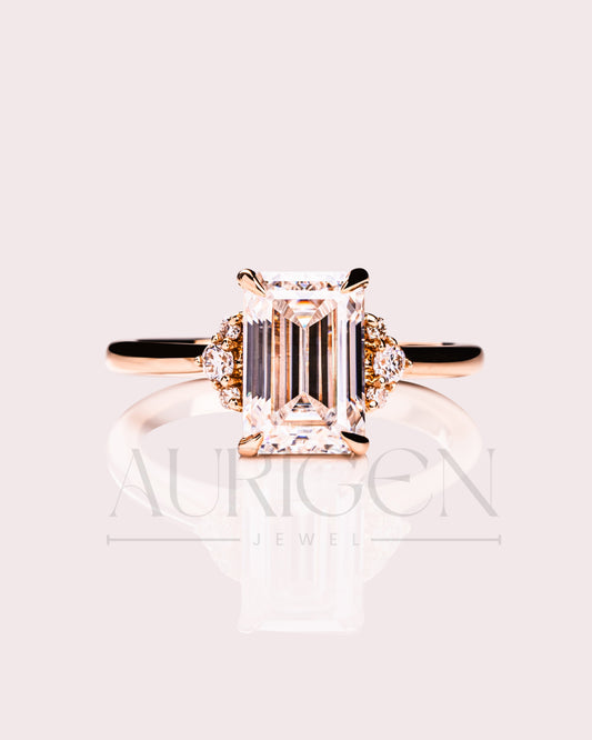 2.5 Ct Emerald Cut Moissanite Engagement Ring in 14K Solid Gold Cluster Diamond Wedding Ring