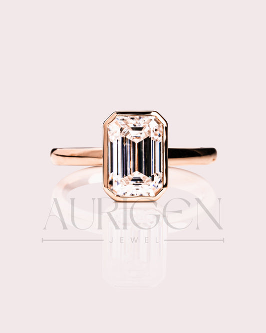 Modern Emerald Cut Moissanite and Lab Grown Diamond Bezel Set Ring