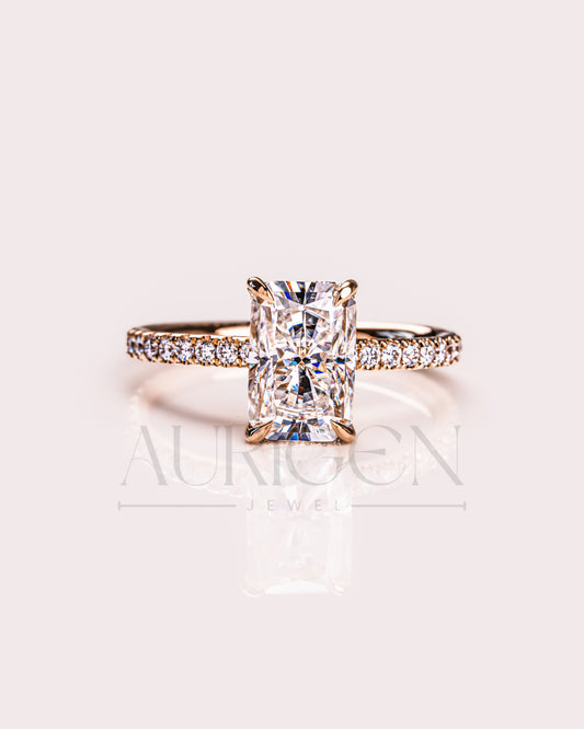 Radiant Cut Moissanite Engagement Ring with Hidden Halo & Pave Band in 14k Rose Gold