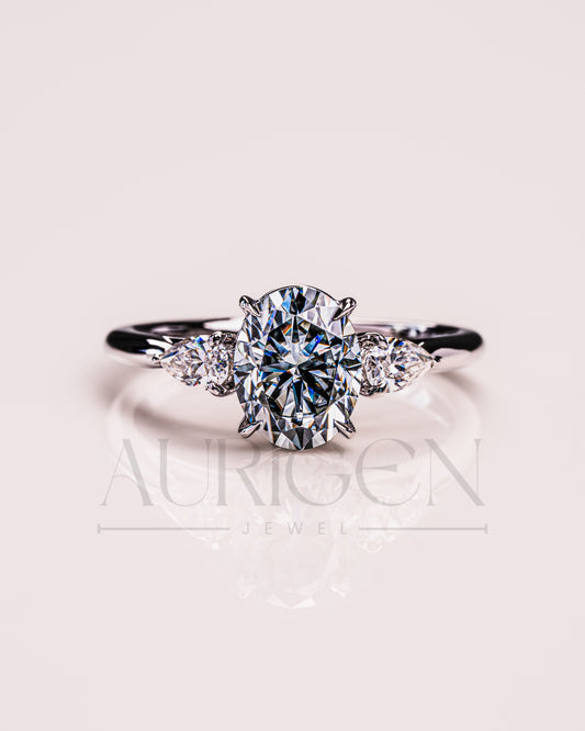 Oval & Pear Cut Moissanite and Leb Grown Three-Stone Ring in 14k White Gold