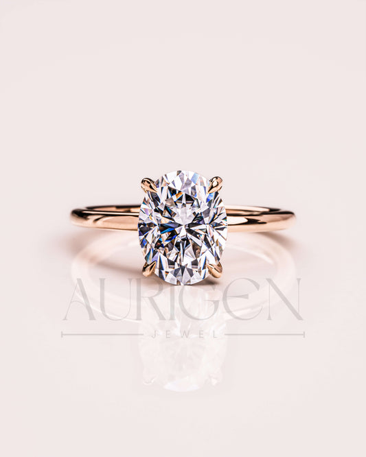 Minimalist Oval Brilliant Cut Moissanite and Leb Grown Diamond 14K Solid Gold Ring