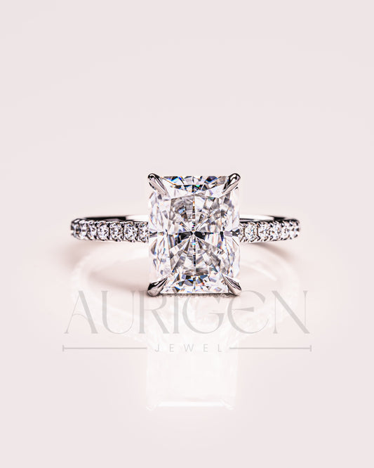 Radiant Cut Moissanite and Leb Grown Engagement Ring with Hidden Halo and Pave Setting Ring