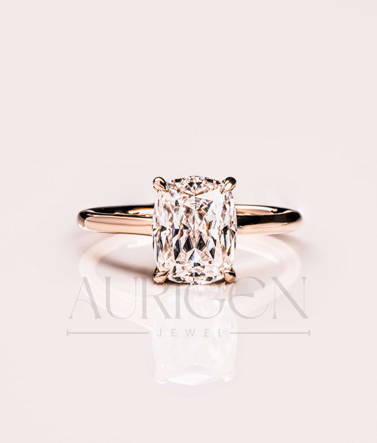 Elongated Cushion Cut Moissanite and Leb Grown Engagement Ring With Hidden Diamond