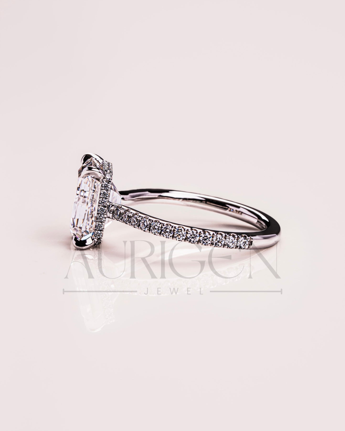 Emerald Cut Moissanite and Lab Grown Diamond Ring with Pave in 14K Solid Gold
