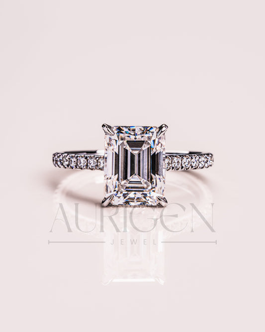 Emerald Cut Moissanite and Lab Grown Diamond Ring with Pave in 14K Solid Gold