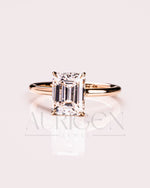 Emerald Cut Solitaire Engagement Ring Halo Moissanite and Leb Diamond 14K White Gold