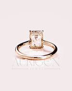 Emerald Cut Solitaire Engagement Ring Halo Moissanite and Leb Diamond 14K White Gold