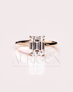 Emerald Cut Solitaire Engagement Ring Halo Moissanite and Leb Diamond 14K White Gold