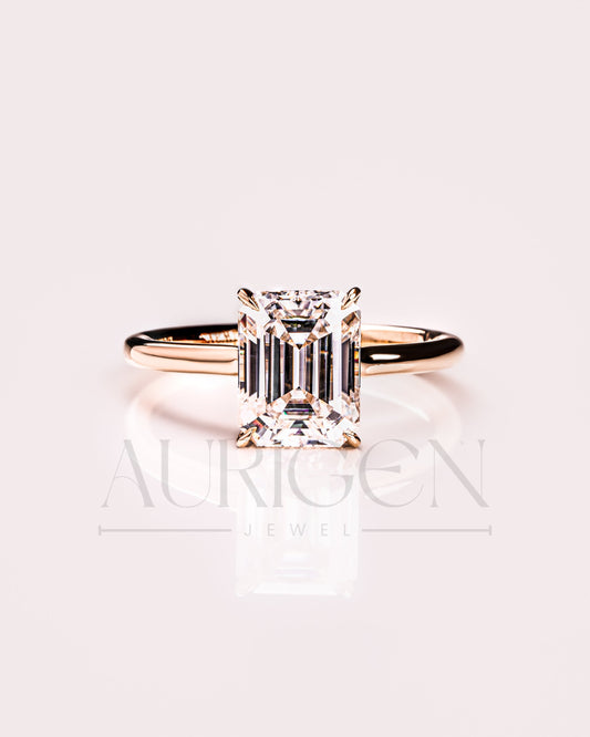 Emerald Cut Solitaire Engagement Ring Halo Moissanite and Leb Diamond 14K White Gold