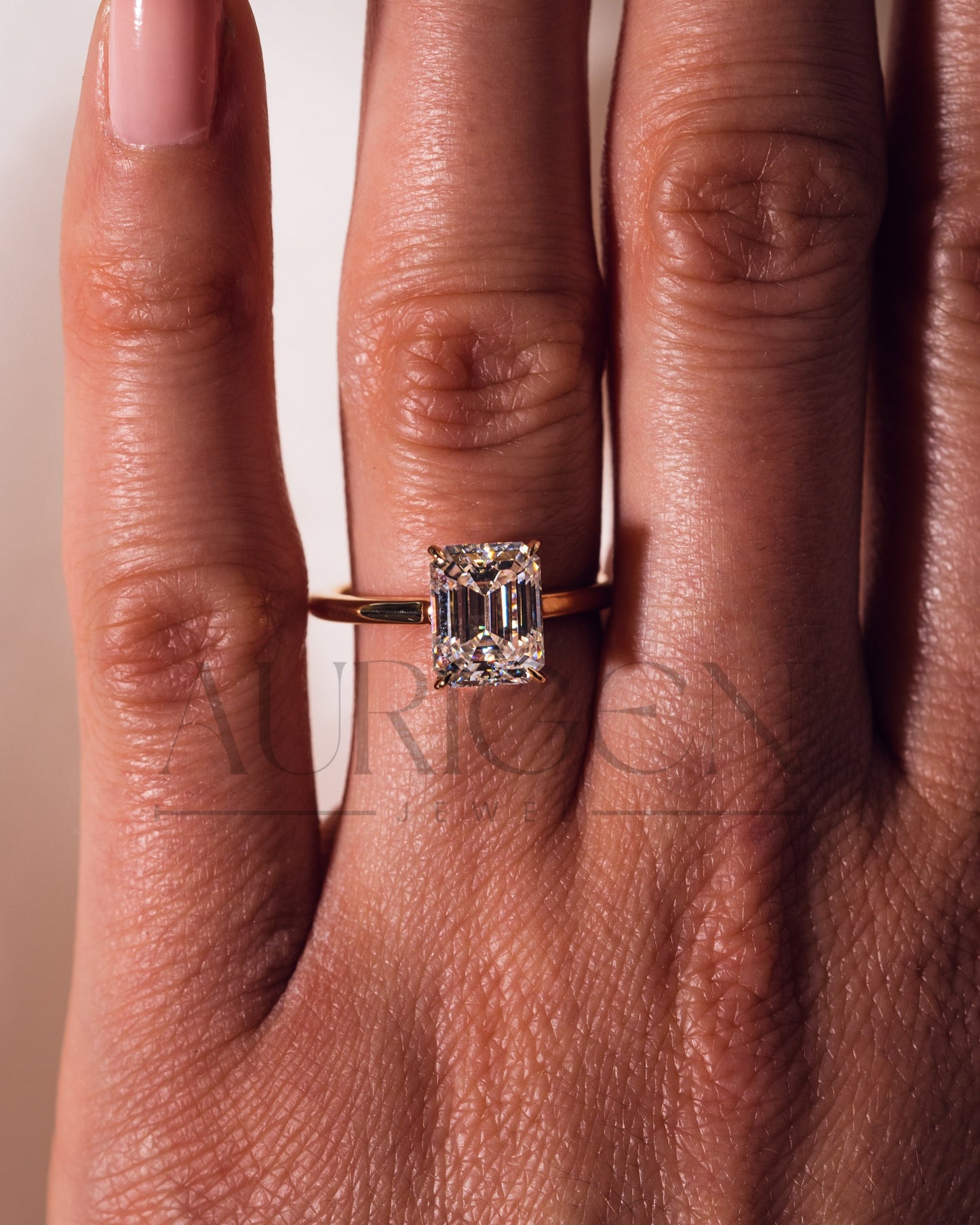 Emerald Cut Solitaire Engagement Ring Halo Moissanite and Leb Diamond 14K White Gold