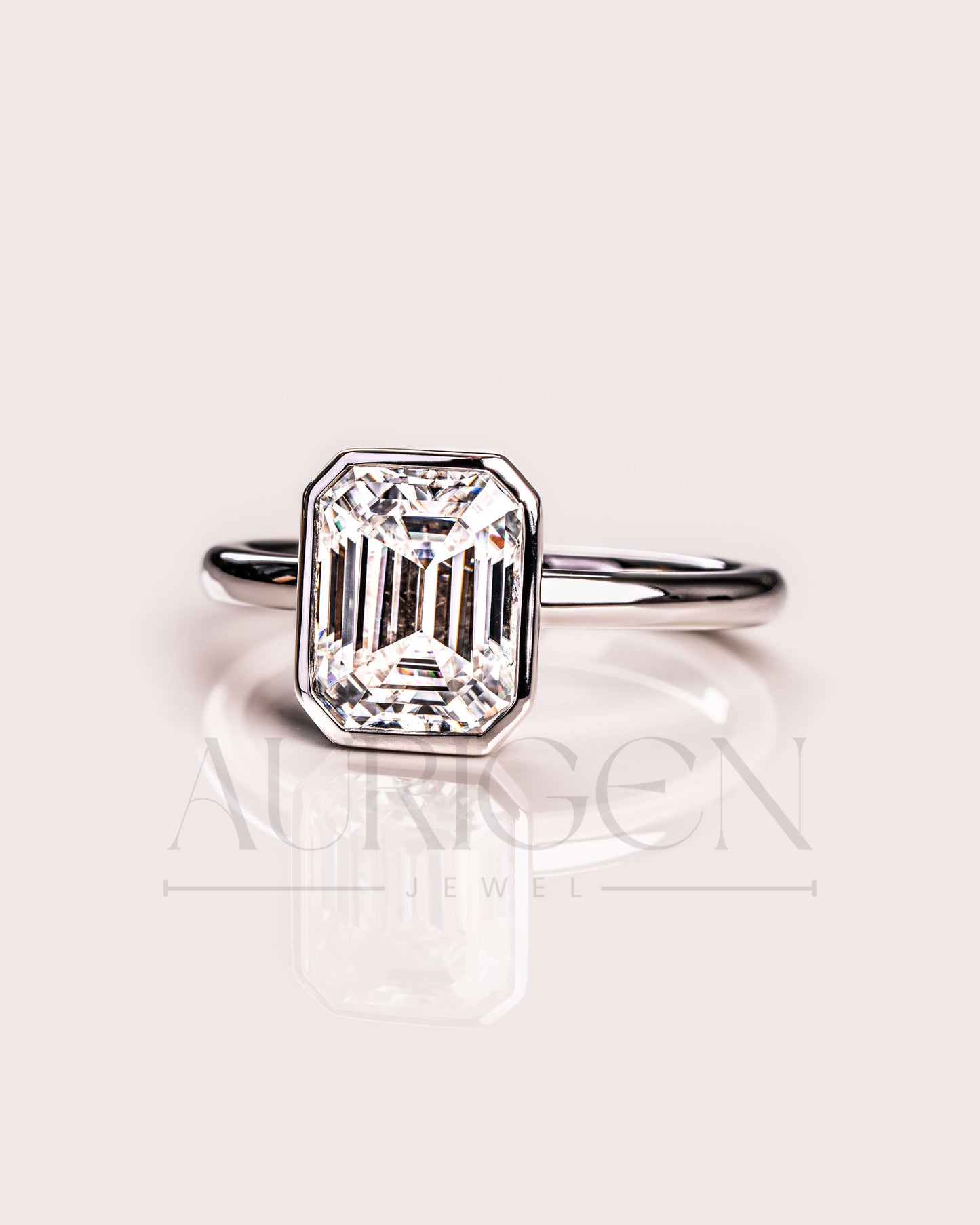 Bezel Setting Minimalist Emerald Cut Diamond Ring 14K White Gold Solitaire Ring