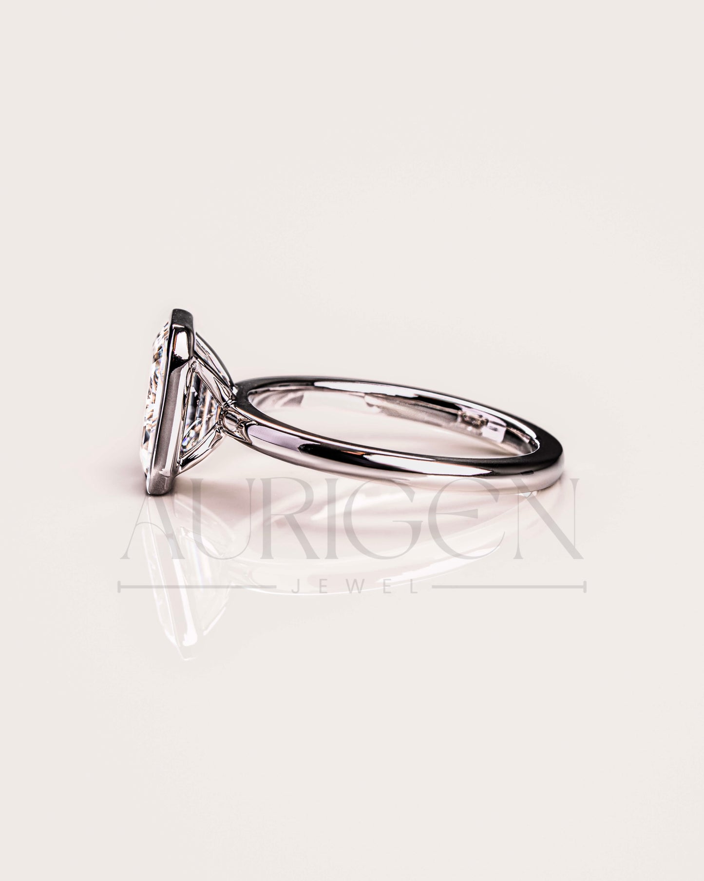 Bezel Setting Minimalist Emerald Cut Diamond Ring 14K White Gold Solitaire Ring