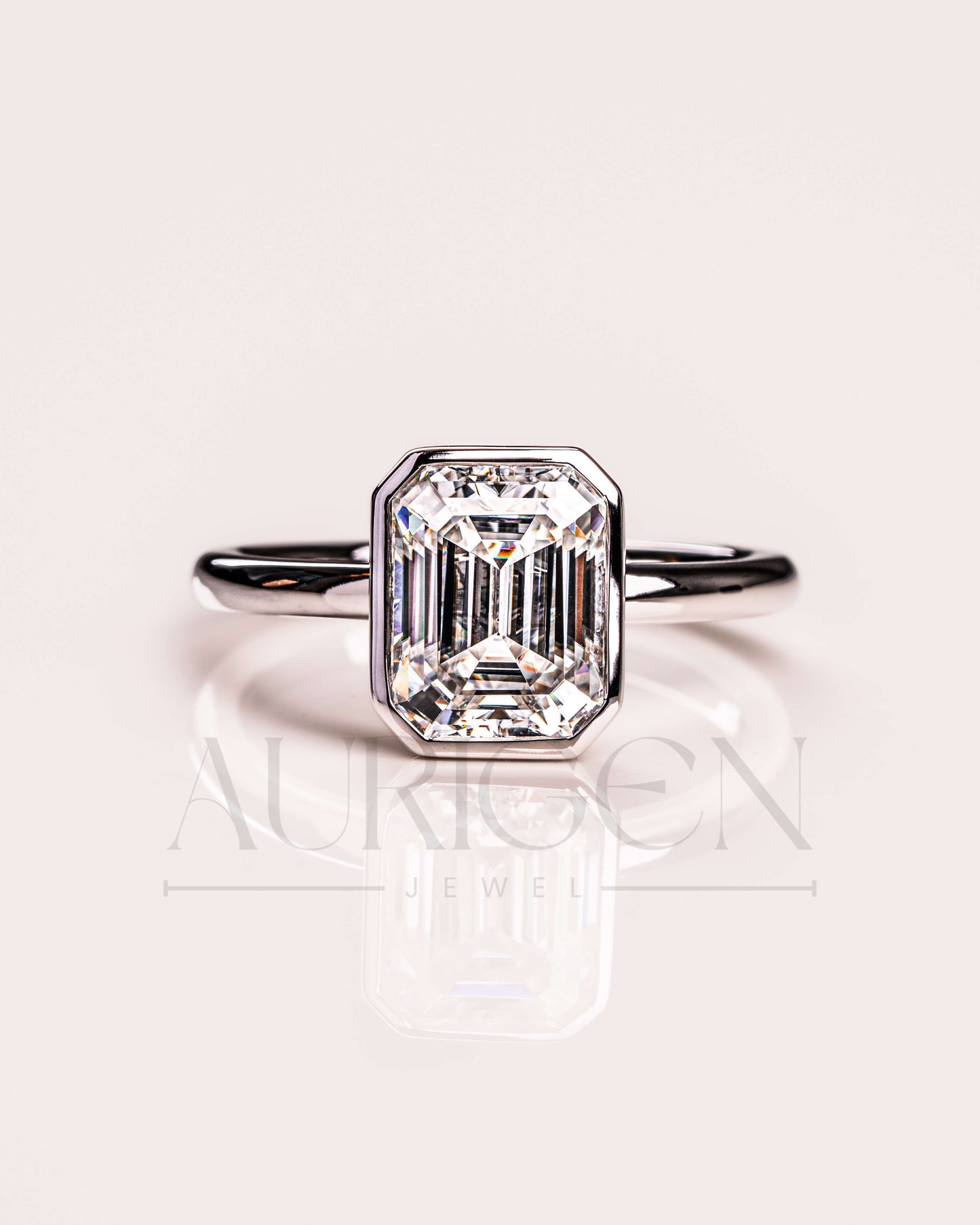 Bezel Setting Minimalist Emerald Cut Diamond Ring 14K White Gold Solitaire Ring