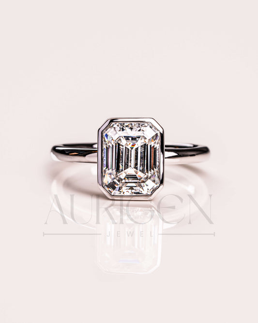 Bezel Setting Minimalist Emerald Cut Diamond Ring 14K White Gold Solitaire Ring