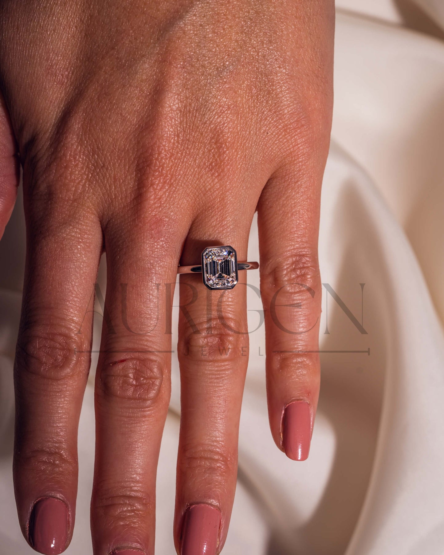Bezel Setting Minimalist Emerald Cut Diamond Ring 14K White Gold Solitaire Ring