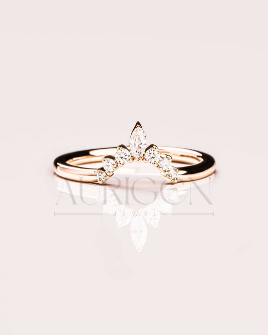 14K Solid Gold Chevron Wedding Band with Marquise & Round Moissanite and Leb Diamond
