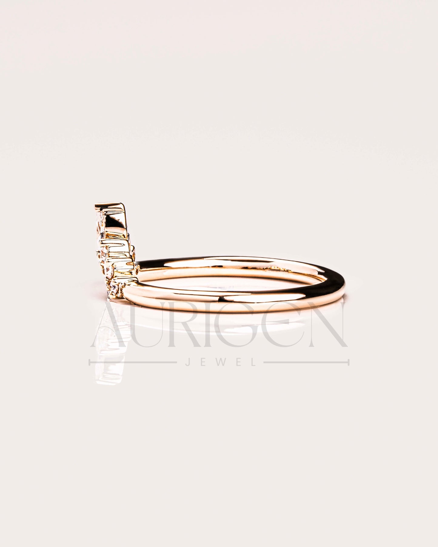 14K Solid Gold Chevron Wedding Band with Marquise & Round Moissanite and Leb Diamond