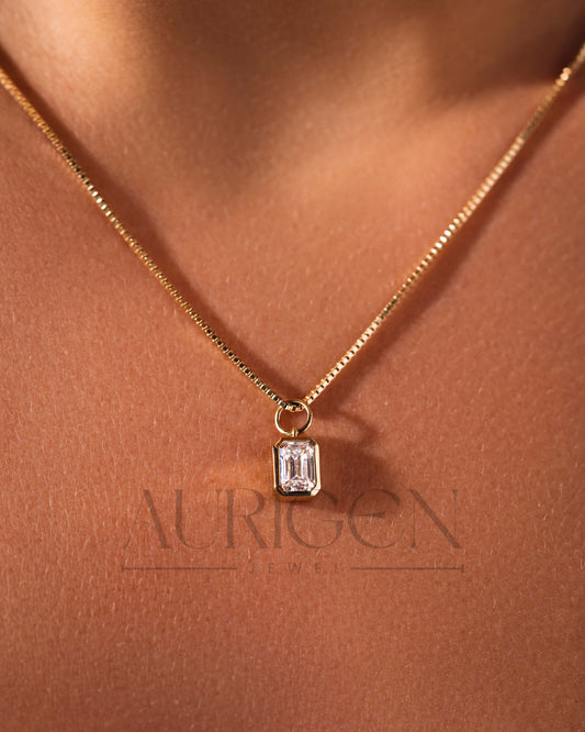 Full Bezel Setting Emerald Cut Moissanite and Lab Grown Diamond Necklace