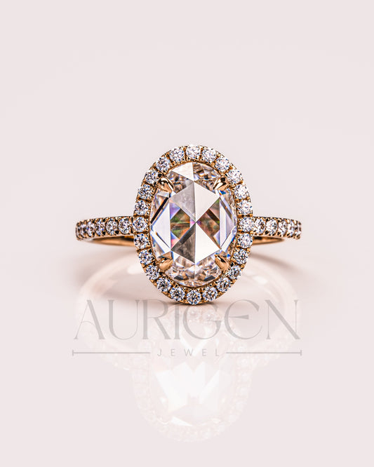 Elegant Oval Cut Moissanite and Lab Grown Diamond Ring With Halo and Pave Setting