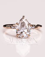 2.5 Ct Pear 5-Prong Moissanite and Leb Diamond Ring Hidden Halo With Side Diamond Ring