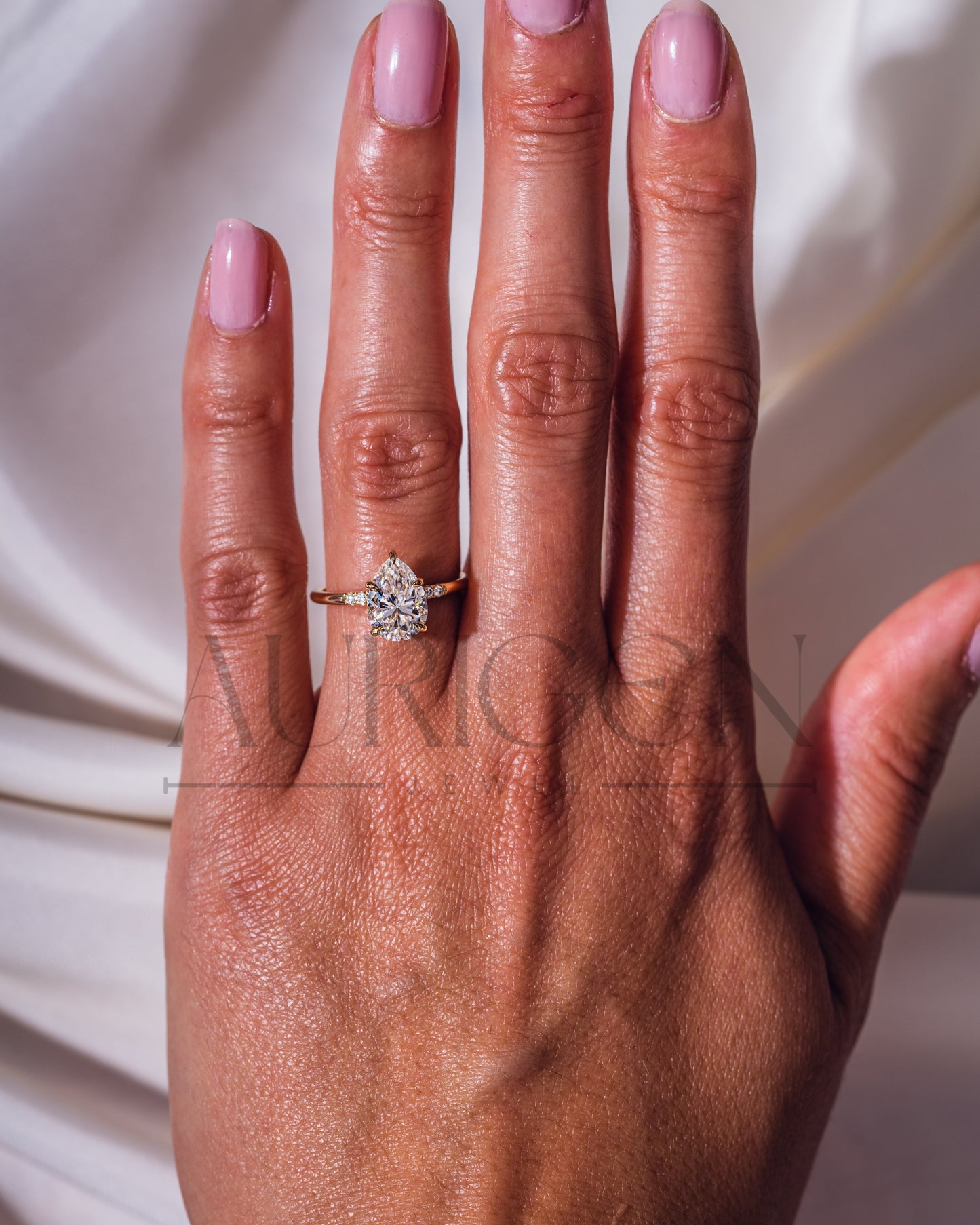 2.5 Ct Pear 5-Prong Moissanite and Leb Diamond Ring Hidden Halo With Side Diamond Ring