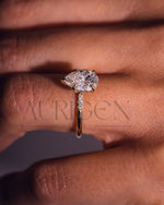 2.5 Ct Pear 5-Prong Moissanite and Leb Diamond Ring Hidden Halo With Side Diamond Ring