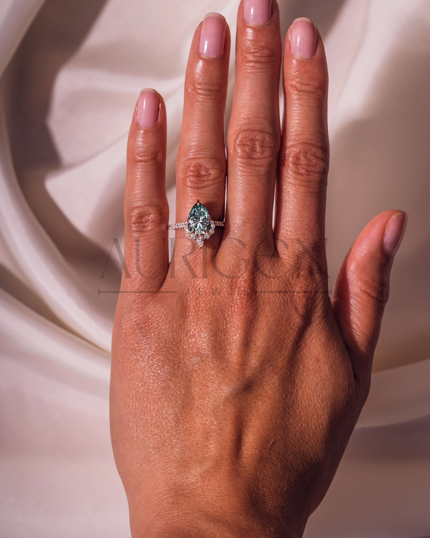 Moissanite & Lab Grown Diamond Green Pear Cut Engagement Ring With Halo and Pave