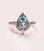 Moissanite & Lab Grown Diamond Green Pear Cut Engagement Ring With Halo and Pave