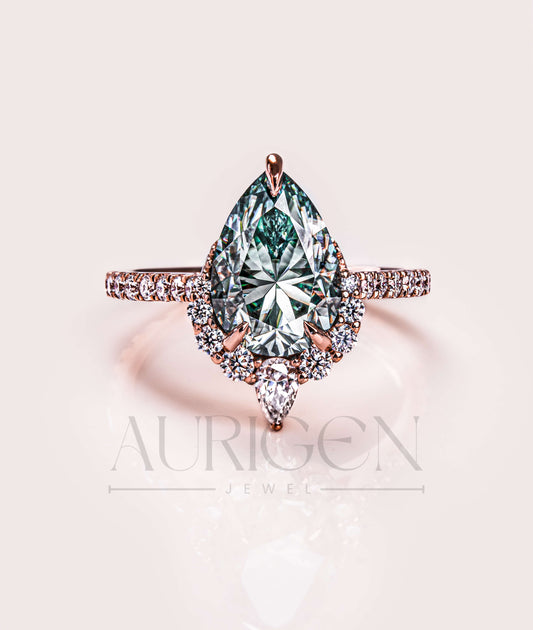 Moissanite & Lab Grown Diamond Green Pear Cut Engagement Ring With Halo and Pave