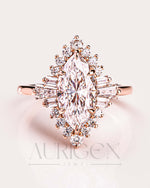 Starburst Halo Marquise Cut Engagement Ring - 14K Solid Gold