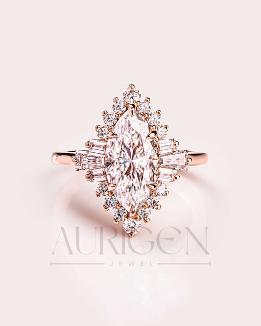 Starburst Halo Marquise Cut Engagement Ring - 14K Solid Gold