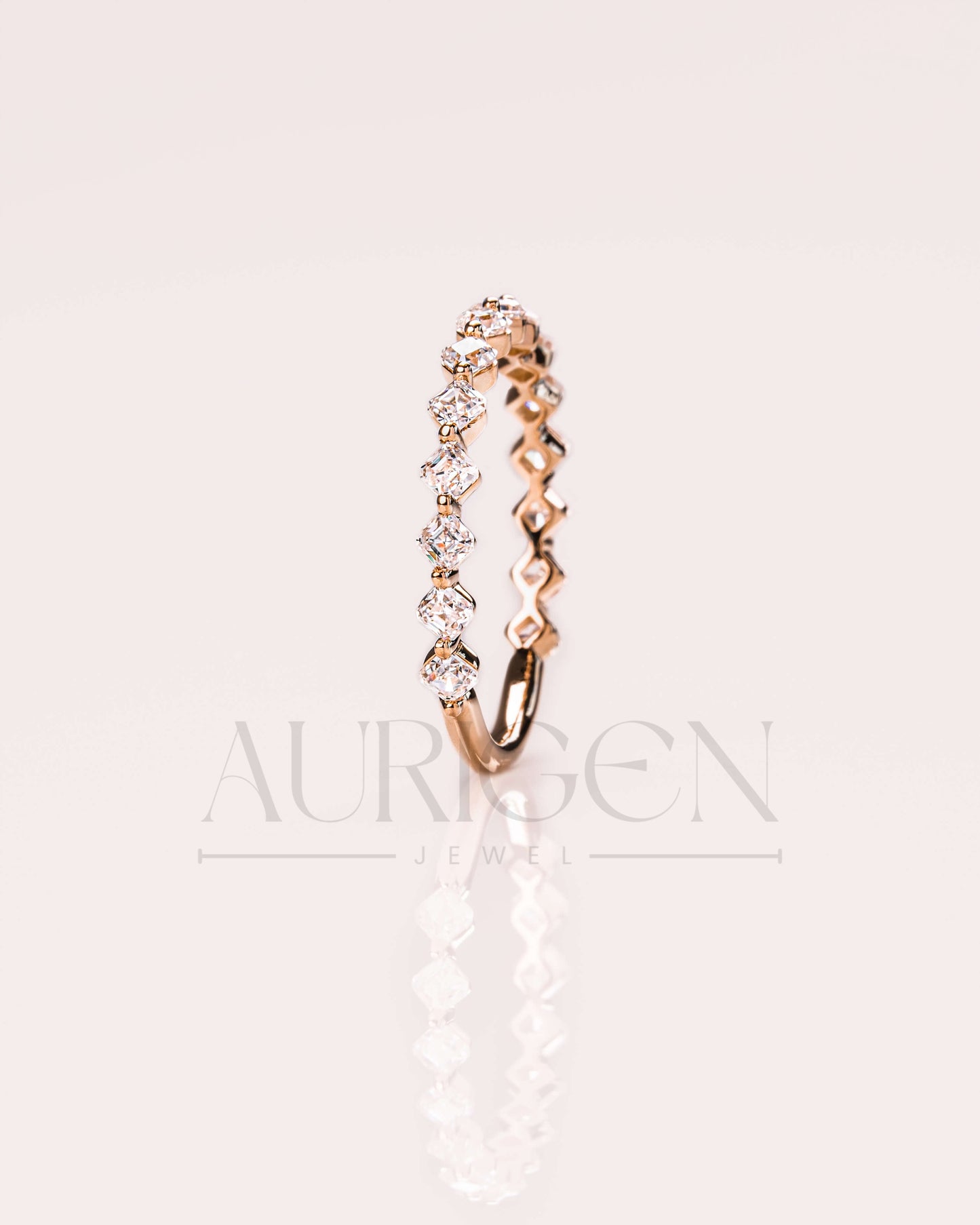 Asscher Cut Moissanite and Leb Diamond Band in 14K Solid Gold – ¾ Eternity Band