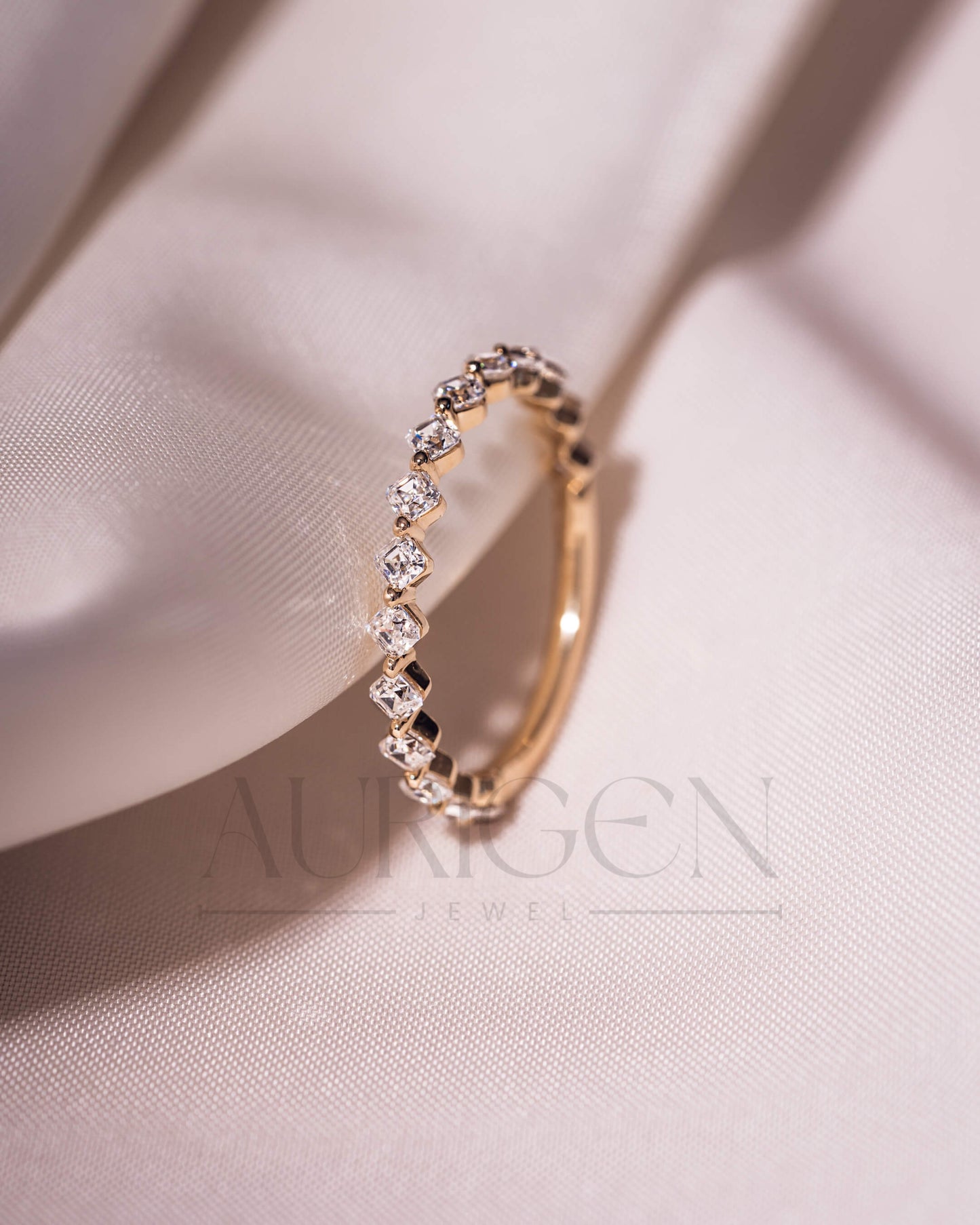 Asscher Cut Moissanite and Leb Diamond Band in 14K Solid Gold – ¾ Eternity Band