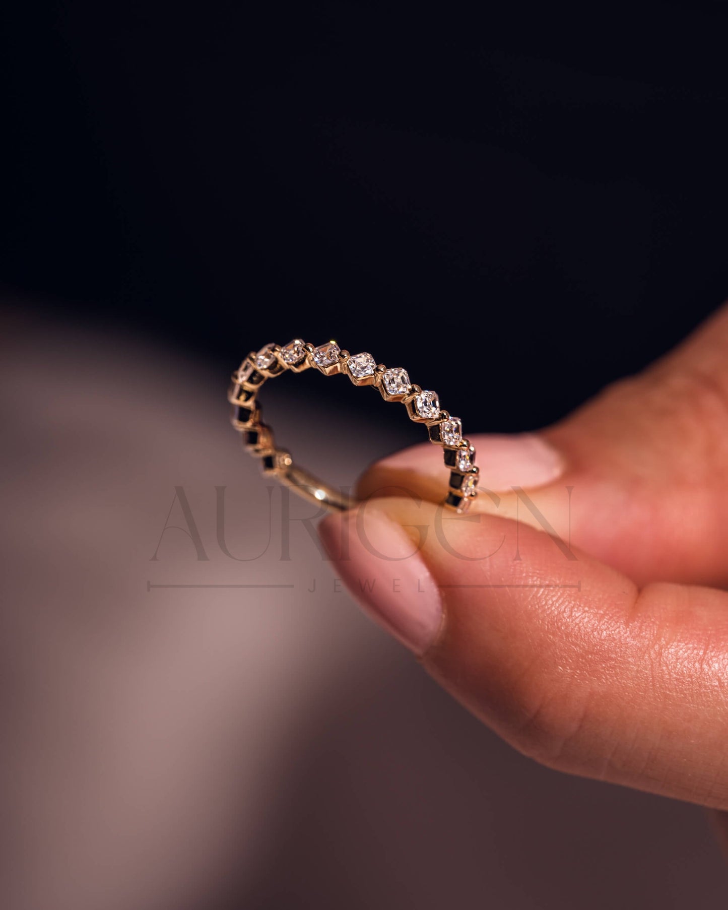 Asscher Cut Moissanite and Leb Diamond Band in 14K Solid Gold – ¾ Eternity Band